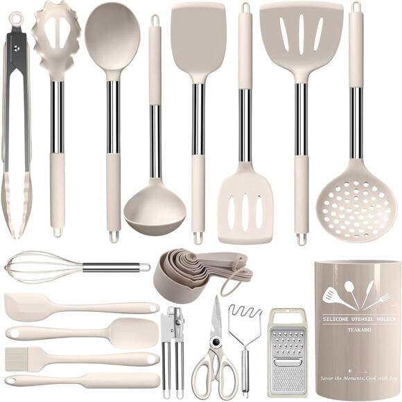 27 PCS Silicone Kitchen Utensils Set Stainless Steel Handle Heat Resistant Khaki - Picture 1 of 12